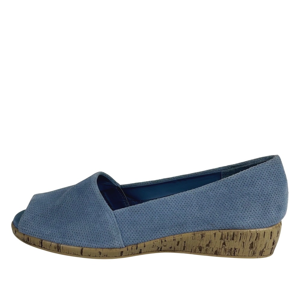 Aerosoles Blue Perforated Suede Leather Peep Toe Low Wedge Sandals Womens 12W
